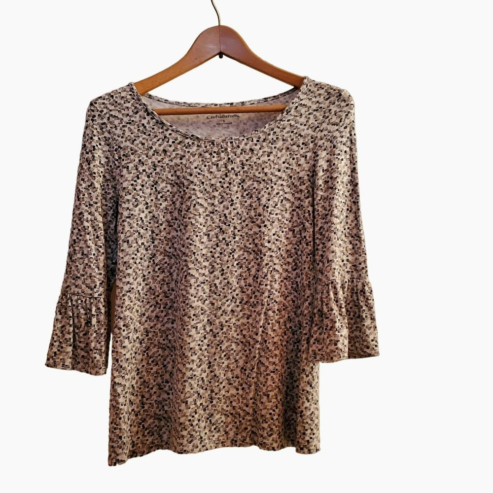 Croft & Barrow 3/4 Bell Sleeve Jersey Top, Size S, Geometric Print Grey Beige